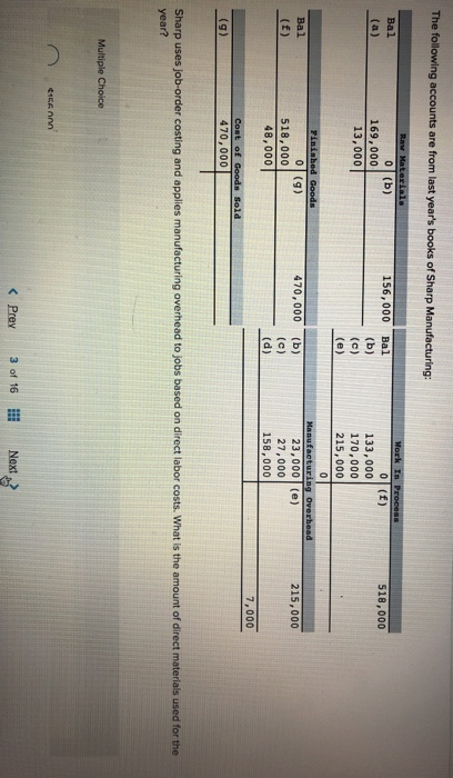The following accounts are from last years books of Sharp Manufacturing: Bal (a) Raw Material 0 (b) 169,000 13,000 156,000 B