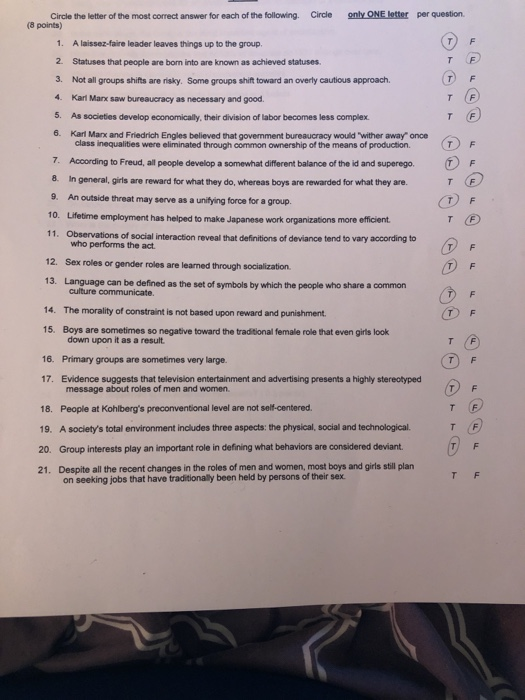 Circle the letter of the most correct answer for each of the following. Circle onty ONE letter per question (8 points) 1. A l