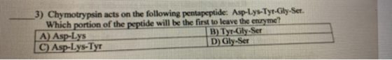 3) Chymotrypsin acts on the following pentapeptide: Asp-Lys-Tyr-Gly-Ser. Which portion of the peptide will be the first to le