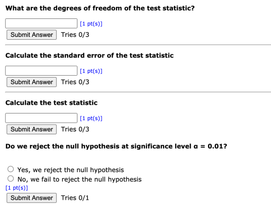 What are the degrees of freedom of the test statistic? [1 pt(s)] Submit Answer Tries 0/3 Calculate the standard error of the