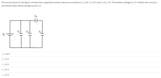 The circuit shown in the figure contains four capacitors whose values are as follows: C1=6 F, C2=2 F, and C3=C4=4 F. The batt