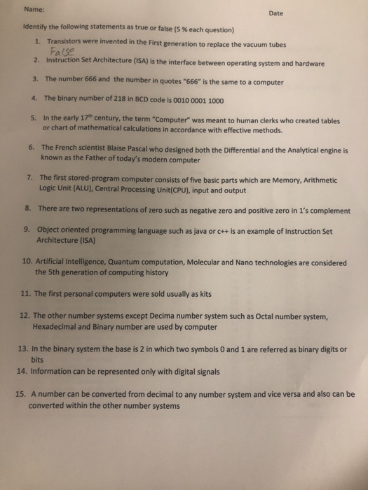 Name Date Identify The Following Statements As True Or False 5 Each 