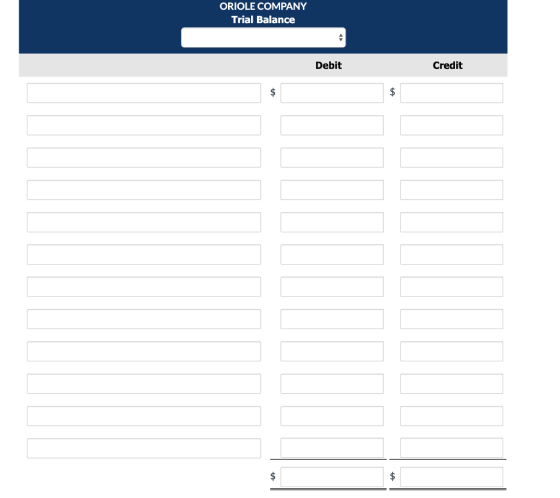 ORIOLE COMPANY Trial Balance Debit Credit