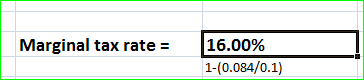 Marginal tax rate = 16.00% 1-(0.084/0.1)