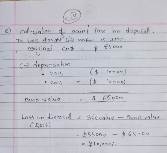 c) calculation of gain/ loss on disposal. In 2015, straight line method is used. original cost = $85000 (-) depaeciation • 20