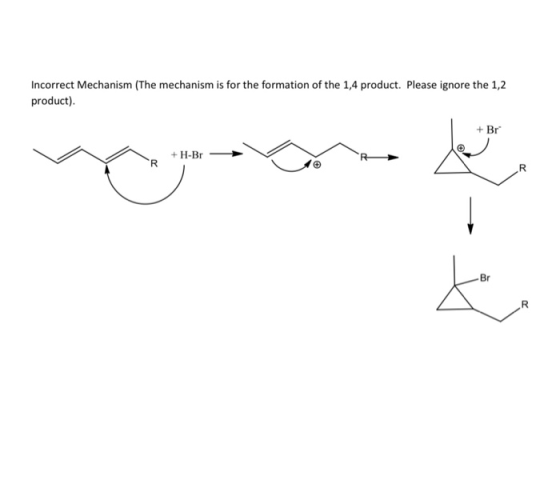 Incorrect Mechanism (The mechanism is for the formation of the 1,4 product. Please ignore the 1,2 product). + Br + H-Br R Br