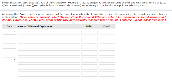 Sweet Industries purchased $11,300 of merchandise on February 1, 2017, subject to a trade discount of 10% and with credit ter