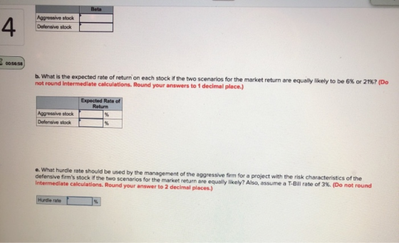 Beta Aggressive stock Defensive stock b. What is the expected rate of return on each stock if the two scenarios for the marke