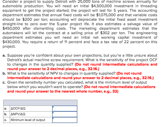 Consider a project to supply Detroit with 25,000 tons of machine screws annually for automobile production. You will need an