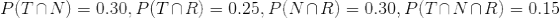 P(T\cap N)=0.30,P(T\cap R)=0.25,P(N\cap R)=0.30,P(T\cap N\cap R)=0.15