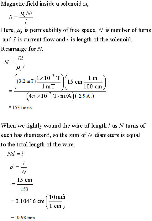 Magnetic field inside a solenoid is Here, /, is permeability of free space, N is number of turns and Г is current flow and l