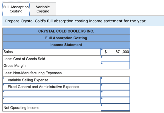 Full Absorption Costing Variable Costing Prepare Crystal Colds full absorption costing income statement for the year. CRYSTA