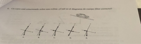 6, Un carro está estacionado sobre una colina. ¿Cuál es el diagrama de cuerpo libre correcto? 표. C. D. L.
