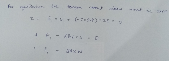 For equbium te orqe abeut elbovo must no Zero e-68-6x5 = D f 343 N