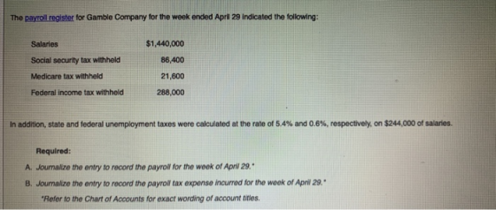 The payroll register for Gamble Company for the week ended April 29 indicated the following: Salaries $1,440,000 86,400 Socia