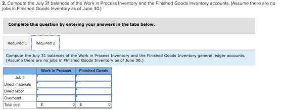 2. Compute the July 31 balances of the Work in Process Inventory and the Finished Goods Inventory accounts. (Assume there are