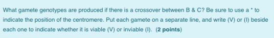 What gamete genotypes are produced if there is a crossover between B & C? Be sure to use a * to indicate the position of the