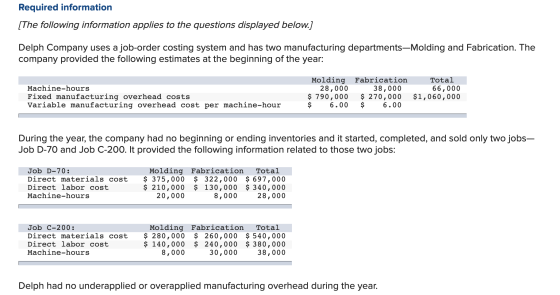 Required information [The following information applies to the questions displayed below.] Delph Company uses a job-order cos