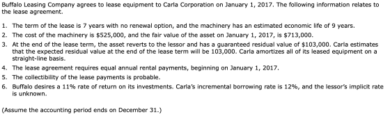 Buffalo Leasing Company agrees to lease equipment to Carla Corporation on January 1, 2017. The following information relates