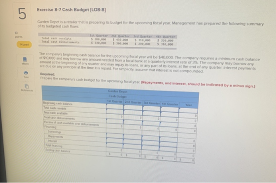 Exercise 8-7 Cash Budget [LO8-8] 5 Garden Depot is a retailer that is preparing its budget for the upcoming fiscal year. Mana