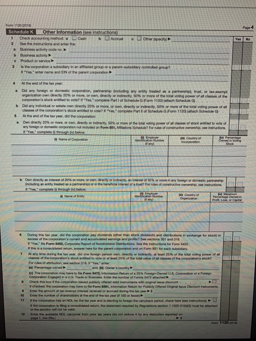 Other specity Form 1120 2015 Schedule K Other Information (see instructions 1 Check accounting method a Cashb Accr e 2 See th
