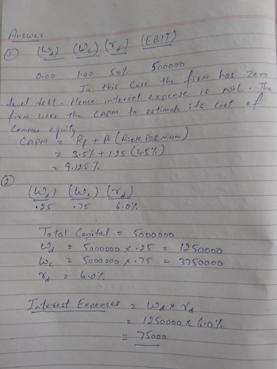 Answer 0 (49) (UD) () (EBIT) I 0.00 1.00 50% 500000 - In this case the firm has zero level debt. Hence interest expense is Ni