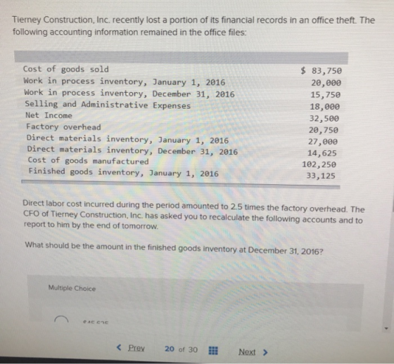 Tierney Construction, Inc. recently lost a portion of its financial records in an office theft. The following accounting info