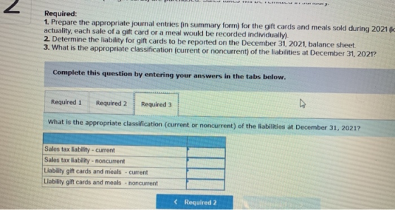 Required: 1. Prepare the appropriate journal entries (in summary form) for the gift cards and meals sold during 2021 (k actua