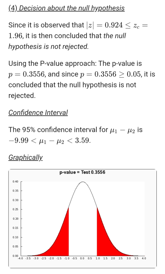 (4) Decision about the null hypothesis Since it is observed that [2] = 0.924 < ze = 1.96, it is then concluded that the null