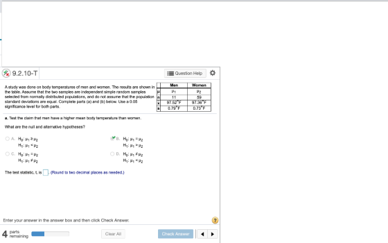 9.2.10-T Question Help Men Women A study was done on body temperatures of men and women. The results are shown in the table.