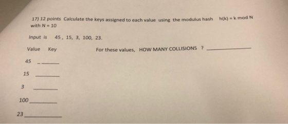 17) 12 points Calculate the keys assigned to each value using the modulus hash h(k) - k mod N with N 10 Input is 45, 15, 3, 100, 23. Value Key For these values, HOW MANY COLLISIONS? 45 15 100 23