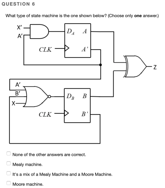 QUESTION 6 What type of state machine is the one shown below? (Choose only one answer.) XTADA X DA A A CLK — A N COX D. B CL