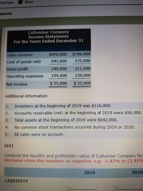 Maps YouTube nment Cullumber Company Income Statements For the Years Ended December 31 $786,000 $890,000 Sales revenue 641,00