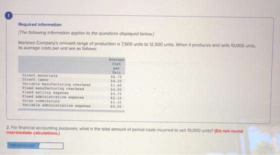 Required information (The following information applies to the questions displayed below.] Martinez Companys relevant range