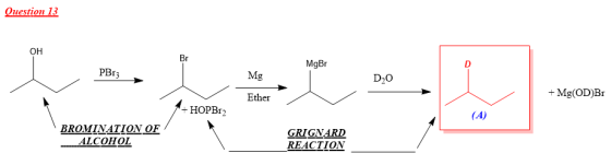 Question 13 OH Br MgBr PB13 Mg DO Ether + Mg(OD)Br +HOPBr2 (A) BROMINATION OF ALCOHOL GRIGNARD REACTION