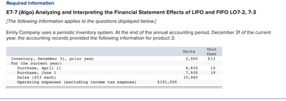 Required information E7-7 (Algo) Analyzing and Interpreting the Financial Statement Effects of LIFO and FIFO LO7-2, 7-3 (The