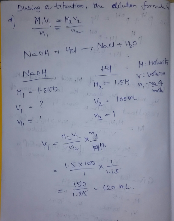 During a titration, the eiluhen formule is MV = M V2 Ho, te n ne 10 Na oH THU - Nad to Hy : NaOH M: Molarity rivoluze M = 1.5