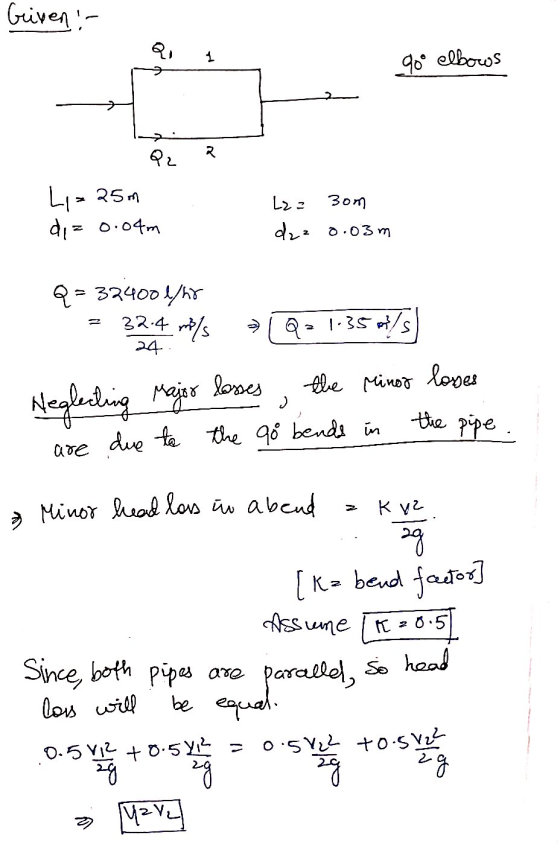 Griven :- 1 9o* elbows > 2 Q2 L=25m di= 0.04m 3 L2= 3om dzz0.03m Q= = 32400 l/hr 32.4 m/s Q 1-354/s 2 24 Neglecting Major los