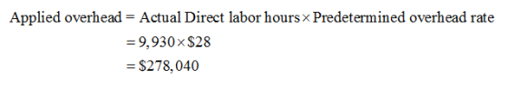 Applied overhead = Actual Direct labor hours x Predetermined overhead rate =9,930x $28 = $278,040