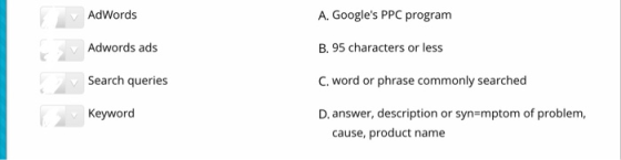 AdWords Adwords ads Search queries Keyword A. Googles PPC program B. 95 characters or less C. word or phrase commonly search