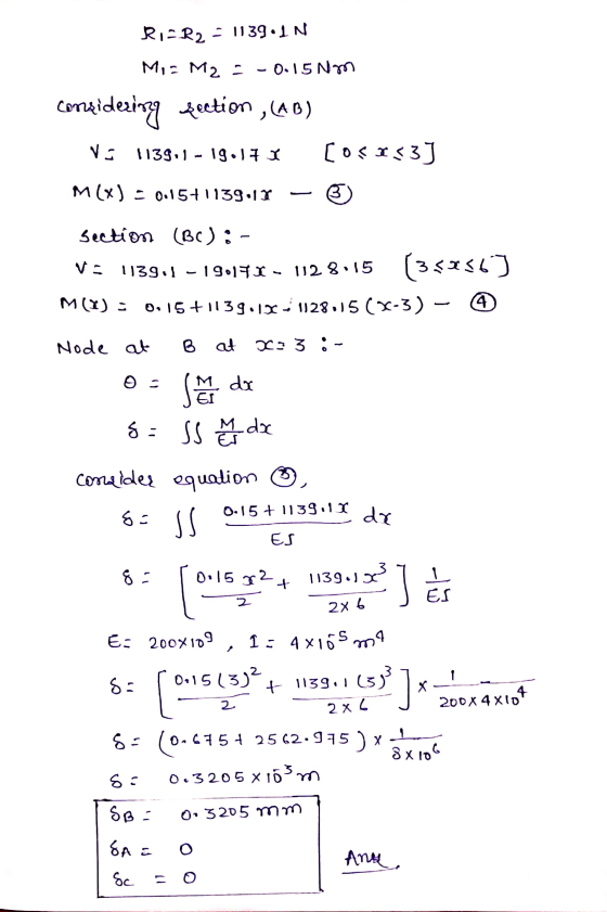 RicR2 = 1139.IN Mi= M2 = -0.15 Nm coneidering tection, (AB) [osx33] vo 113911-1917 Y M(X) = 0.5+1139:17 3 section (BC): 1139: