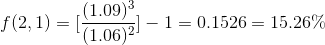 f(2,1)=[\frac{(1.09)^{3}}{(1.06)^{2}}]-1=0.1526 =15.26\%