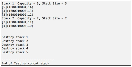 Stack 1: Capacity 3, Stack Size = 3 [5](1000010004, 14) [4](1000010003, 13) [3](1000010002, 12) Stack 2: Capacity = 2, Stack