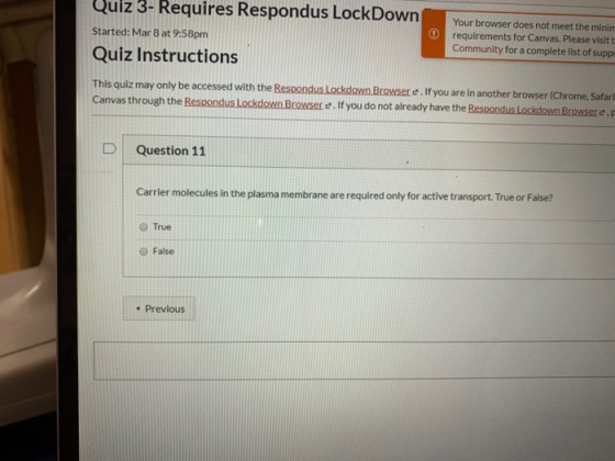 Quiz 3- Requires Respondus LockDown Started: Mar 8 at 9:58pm Quiz Instructions Your browser does not meet the minim requireme