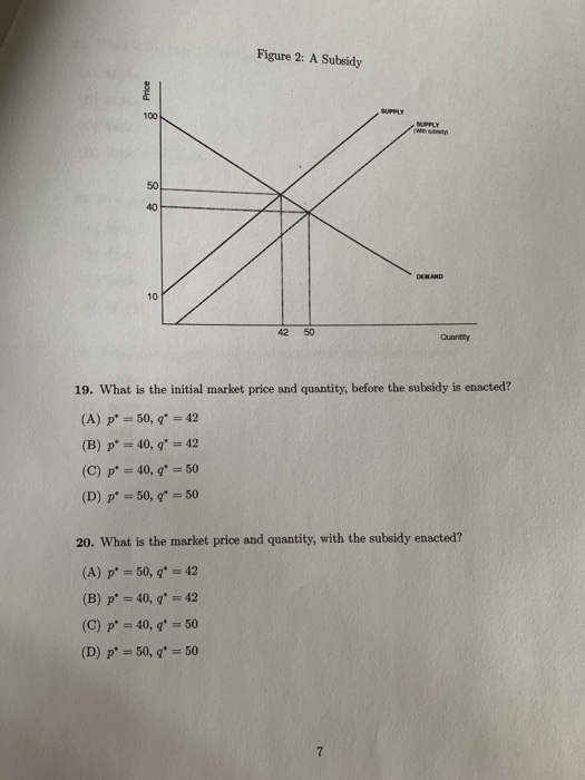 Figure 2: A Subsidy Price 8 8 8 Quantity 19. What is the initial market price and quantity, before the subsidy is enacted? (A