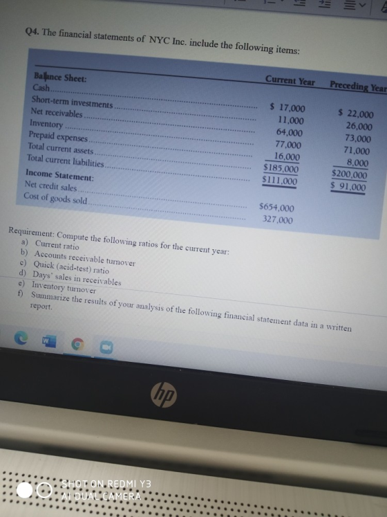Q4. The financial statements of NYC Inc. include the following items: Current Year Preceding Year Balance Sheet: Cash Short-t