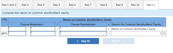 Req 1 and 2 Req 3 Req 4 Req 5 Rq Rq 7 Req 8 Req 9 Req 10Req 1 Compute the return on common stockholders equity eturn on Co mmon Stockholders Equity Choose Numerator: Choose Denominator Return On Common Stockholders Equity Return on common stockholders equity 2017: Req 10 Req 11