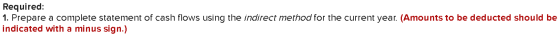 Required: 1. Prepare a complete statement of cash flows using the indirect method for the current year. (Amounts to be deduct
