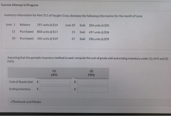 Current Attempt in Progress Inventory information for Part 311 of Vaughn Corp. discloses the following information for the mo