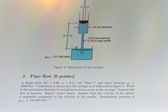10 mm diameter 0.12 m 0.25-mm-diameter 0.10-m-long needle Par = 101 kPa (abs) Figure 3: Schematics of the syringe. 2 Pipe flo